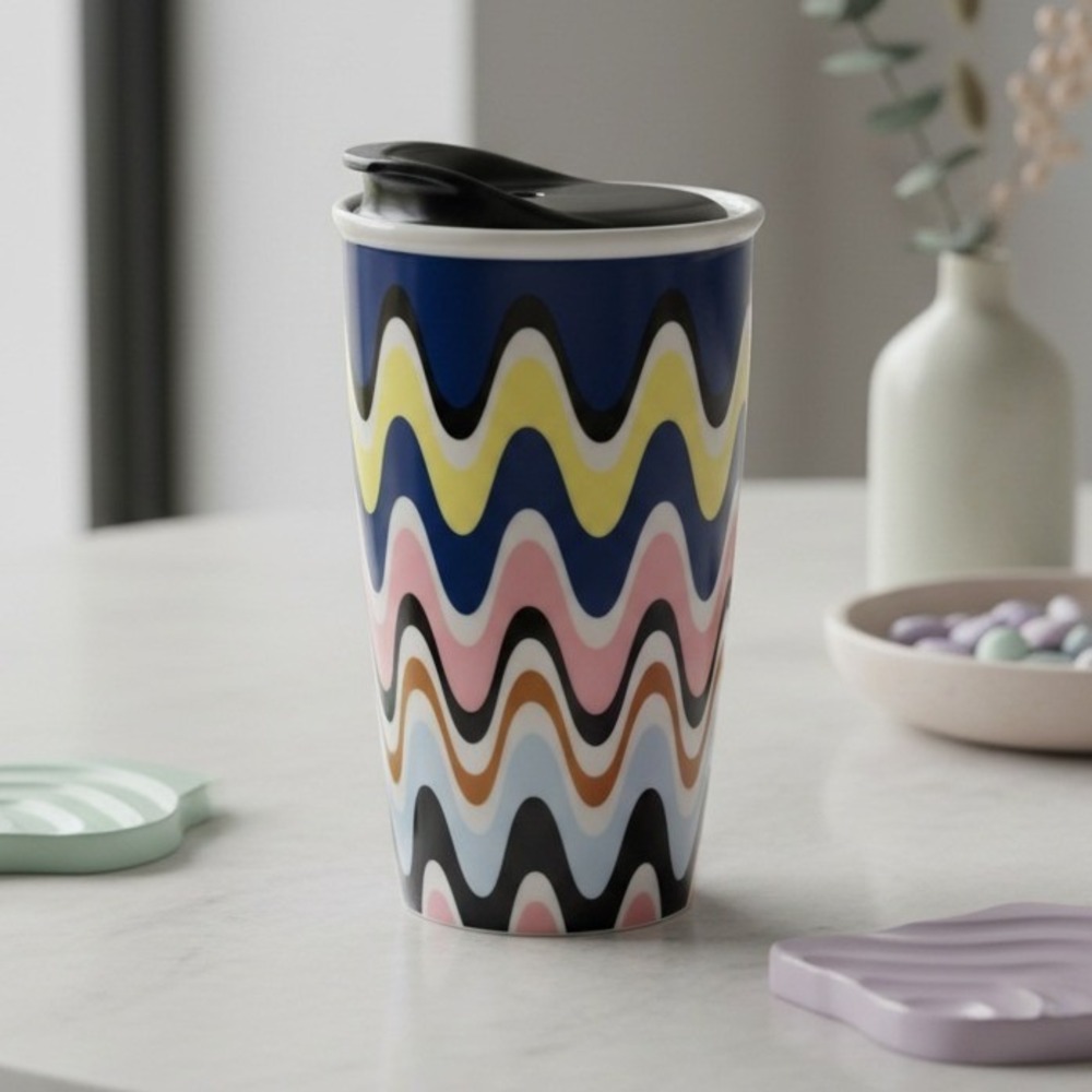 Starbucks 12 oz Ceramic Tumbler Travel Mug With Black Lid Pastel Waves Wavy